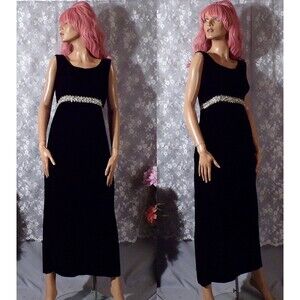 Vintage 60s Black Velvet Maxi Dress Small Pearl Beaded Empire Waist Formal Gown